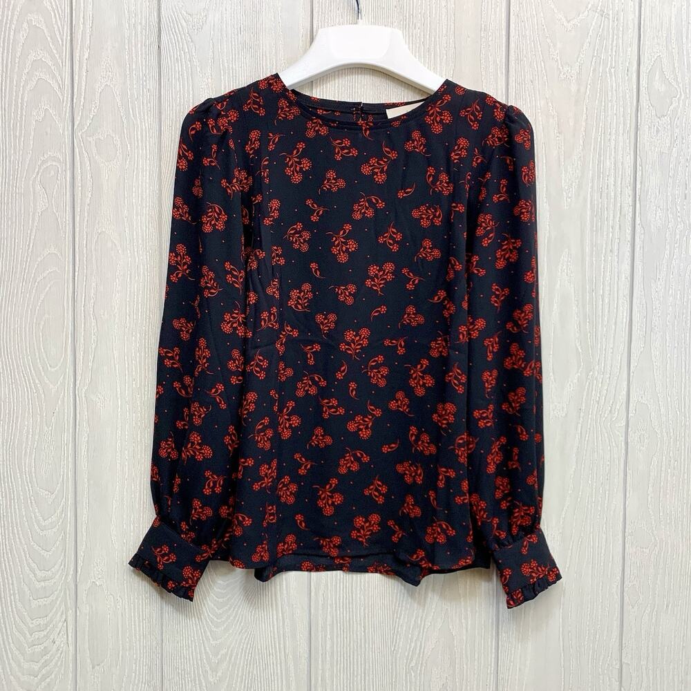 LOFT Petite Garden Ruffle Cuff Black Red Floral Long Sleeve Top Petite PXS NWT